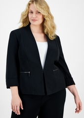 Kasper Plus Size 3/4-Sleeve Collarless Blazer - Black