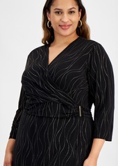 Kasper Plus Size 3/4-Sleeve Knit Wrap Dress - Black/gold