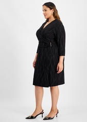 Kasper Plus Size 3/4-Sleeve Knit Wrap Dress - Black/gold