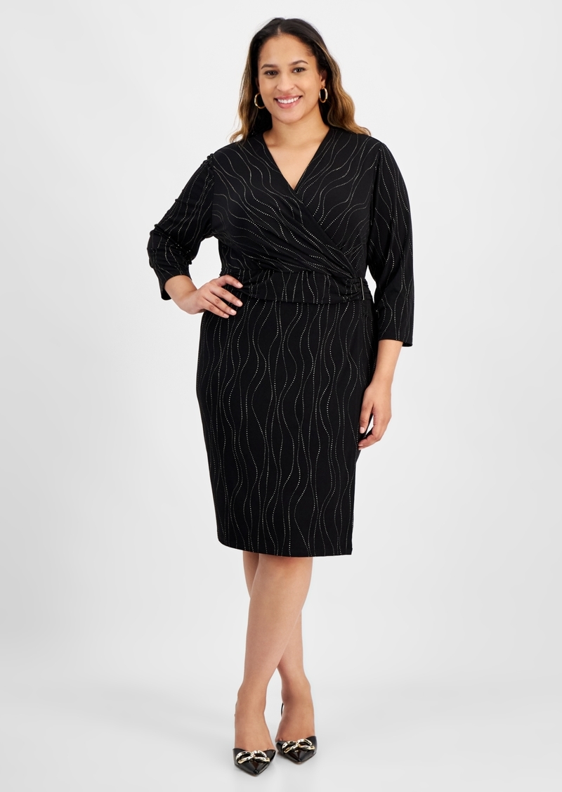 Kasper Plus Size 3/4-Sleeve Knit Wrap Dress - Black/gold