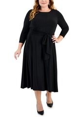 Kasper Plus Size Belted 3/4-Sleeve Knit Midi Dress - Black