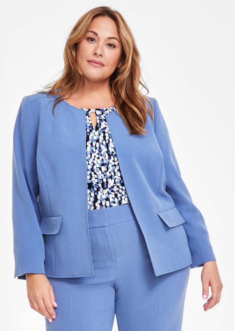 Kasper Plus Size Collarless Open-Front Jacket - Blue Heron