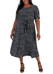Kasper Plus Size Dot-Print Fit & Flare Midi Dress - Black/Vanilla Ice
