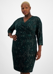 Kasper Plus Size Embellished Floral-Print Faux-Wrap Dress - Evergreen