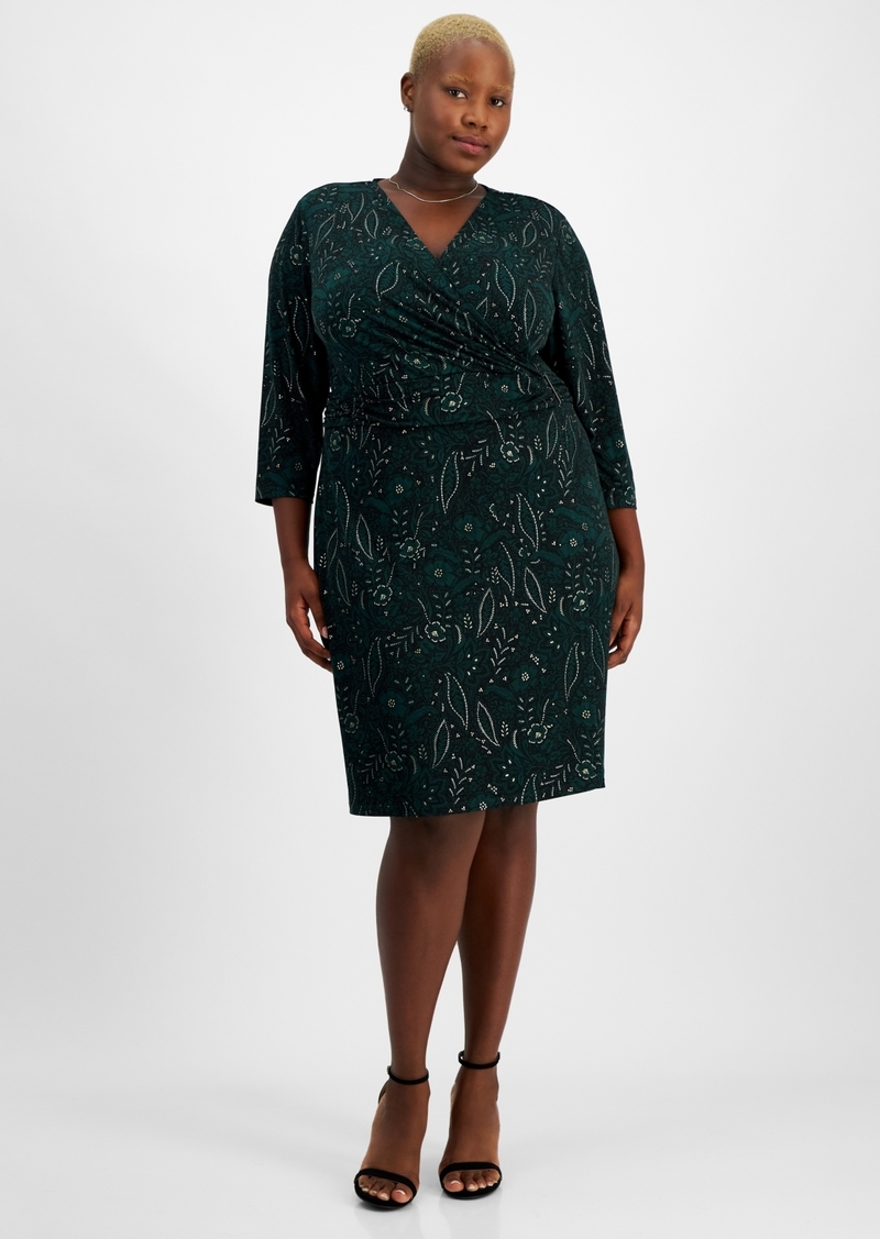 Kasper Plus Size Embellished Floral-Print Faux-Wrap Dress - Evergreen