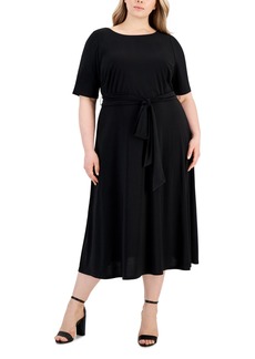 Kasper Plus Size Fit & Flare Tie-Waist Knit Midi Dress - Black
