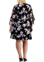 Kasper Plus Size Floral 3/4-Sleeve Shift Dress - Black/Lavender Mist Multi