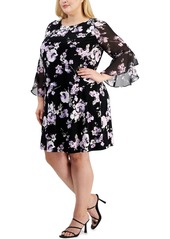 Kasper Plus Size Floral 3/4-Sleeve Shift Dress - Black/Lavender Mist Multi