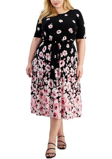 Kasper Plus Size Floral Border Tie-Waist Midi Dress - Black Multi