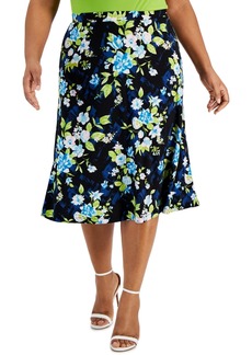 Kasper Plus Size Floral Flared Pull-On Midi Skirt - Black/Light Azure