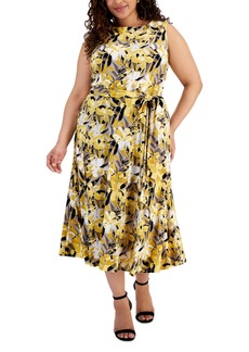 Kasper Plus Size Floral-Print Fit & Flare Dress - Summer Straw/Black