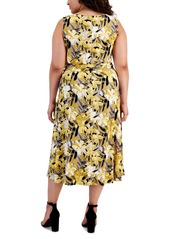 Kasper Plus Size Floral-Print Fit & Flare Dress - Summer Straw/Black
