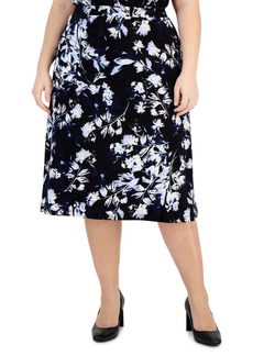 Kasper Plus Size Floral-Print Pull-On Flared Midi Skirt - Black/ California Sky