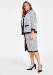 Kasper Plus Size Framed Tweed Open-Front Jacket - Black Multi