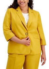 Kasper Plus Size Linen-Blend Notched Collar 3/4-Sleeve Blazer - Butterscotcch