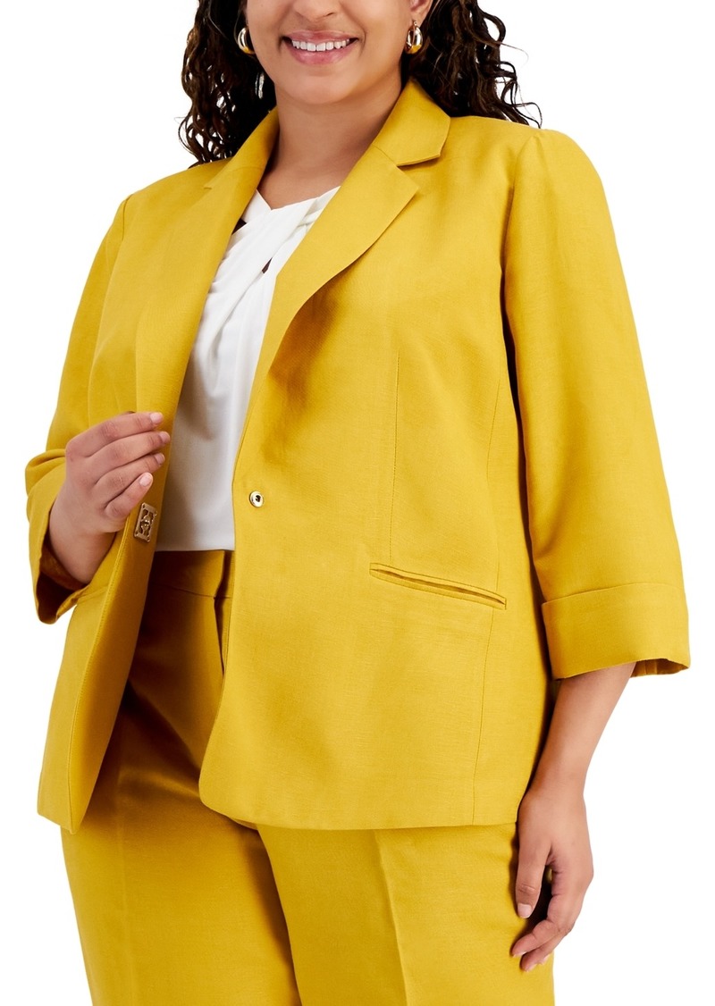 Kasper Plus Size Linen-Blend Notched Collar 3/4-Sleeve Blazer - Butterscotcch