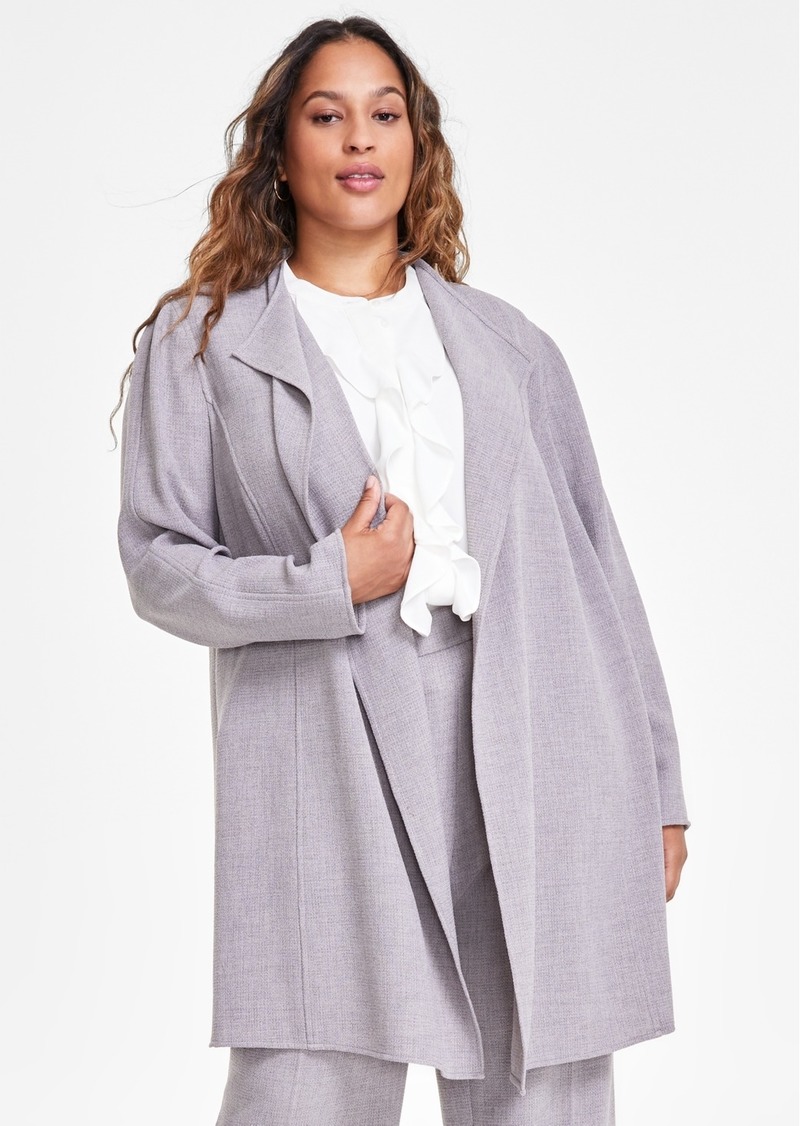 Kasper Plus Size Melange Crepe Drape-Collar Jacket - Pebble