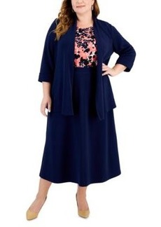 Kasper Plus Size Open Front Cardigan Floral Cowlneck Knit Top Pull On Midi Skirt