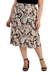 Kasper Plus Size Paisley-Print Pull-On Midi Skirt - Black/Butterscotch