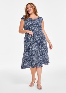 Kasper Plus Size Paisley-Print Pull-On Midi Skirt - Blue Heron