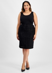 Kasper Plus Size Plaid Sequin Pencil Skirt - Black