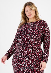 Kasper Plus Size Printed Boat-Neck Long-Sleeve Dress - Black Multi