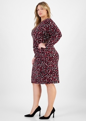 Kasper Plus Size Printed Boat-Neck Long-Sleeve Dress - Black Multi