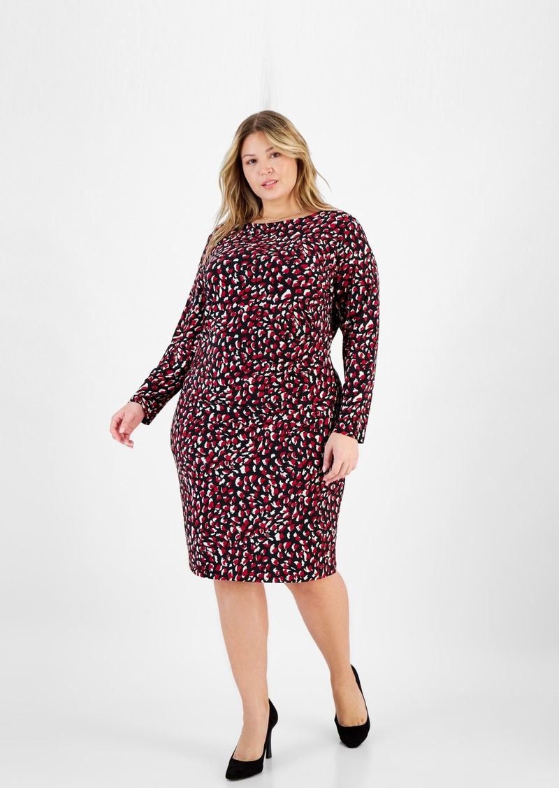 Kasper Plus Size Printed Boat-Neck Long-Sleeve Dress - Black Multi