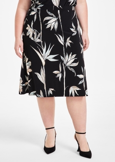 Kasper Plus Size Printed Flared Midi Skirt - Black Multi