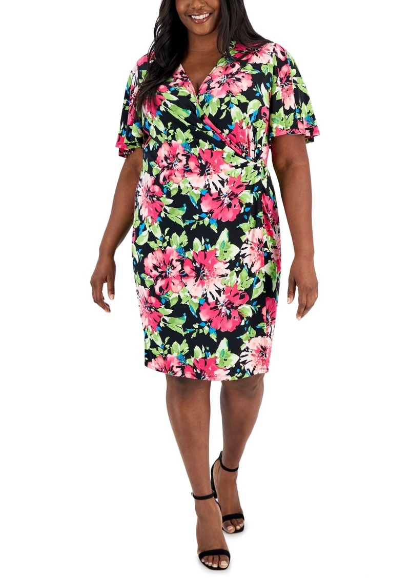 Kasper Plus Size Printed Flutter-Sleeve Faux-Wrap Dress - Black/Pink Perfection