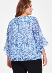 Kasper Plus Size Printed Ruffled-Cuff 3/4-Sleeve Blouse - Blue Heron