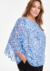 Kasper Plus Size Printed Ruffled-Cuff 3/4-Sleeve Blouse - Blue Heron