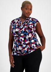 Kasper Plus Size Printed Sleeveless Cowlneck Top - Black/Cerise Multi