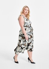 Kasper Plus Size Rhonda Printed Tie-Waist Fit & Flare Dress - Black/Sea Glass