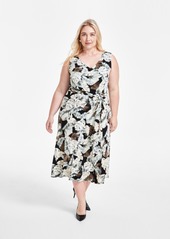 Kasper Plus Size Rhonda Printed Tie-Waist Fit & Flare Dress - Black/Sea Glass