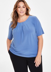 Kasper Plus Size Solid Pleat-Front Short-Sleeve Blouse - Blue Heron