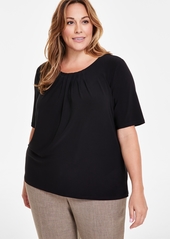 Kasper Plus Size Solid Pleat-Front Short-Sleeve Blouse - Blue Heron