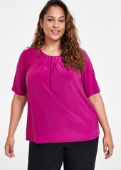 Kasper Plus Size Solid Pleat-Front Short-Sleeve Blouse - Blue Heron