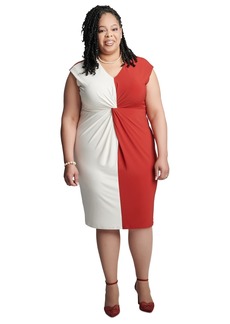 Kasper Plus Size Twisted-Front Cap-Sleeve Dress - Crimson/white