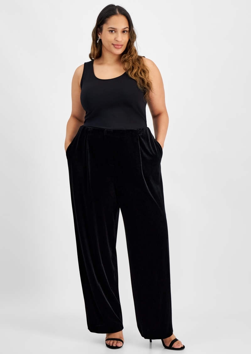 Kasper Plus Size Velvet Wide-Leg Pull-On Pants - Black