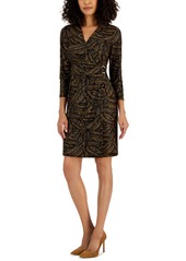 Kasper Women's 3/4-Sleeve V-Neck Faux-Wrap Dress - Black/Marigold Multi