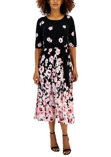 Kasper Women's Elbow-Sleeve Floral-Border Midi Dress - Black/Tutu Pink Multi
