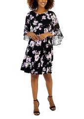 Kasper Women's Floral-Print Flutter-Sleeve Swing Dress - Black/Lavendar Mist Multi