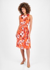 Kasper Women's Floral-Print Sleeveless Tie-Wasit Dress - Coral Combo