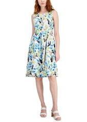 Kasper Women's Linen-Blend Printed Sleeveless Flared-Skirt Dress - Lily White/Light Azure
