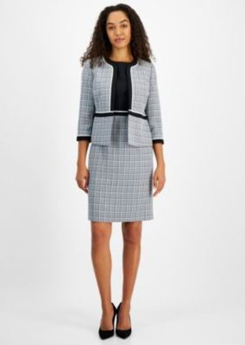 Kasper Womens Open Front Piped Trim Tweed Jacket Sleeveless Sheath Dress