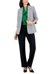 Kasper Womens Plaid Open Jacket Matte Satin Tie Neck Blouse Fly Front Pocket Trousers