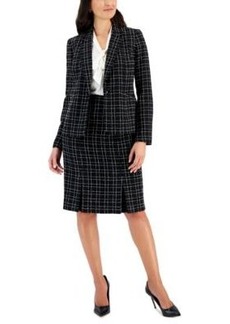Kasper Womens Plaid Tweed One Button Notch Collar Jacket Matte Satin Tie Front Blouse Plaid Tweed Slim Skirt