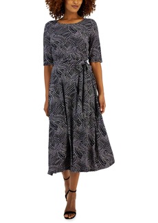 Kasper Women's Printed Belted Elbow-Sleeve Midi Dress - Black/Lavendar Mist Multi