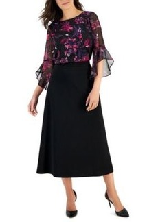 Kasper Womens Printed Ruffle Sleeve Blouse Crosshatch Midi Skirt